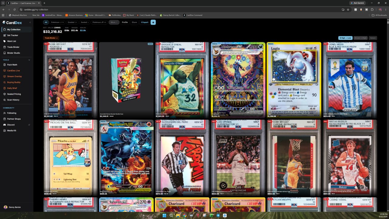 My Collection on desktop — estimated value $33,216.82 with Kobe Bryant, Messi, Charizard, and Umbreon