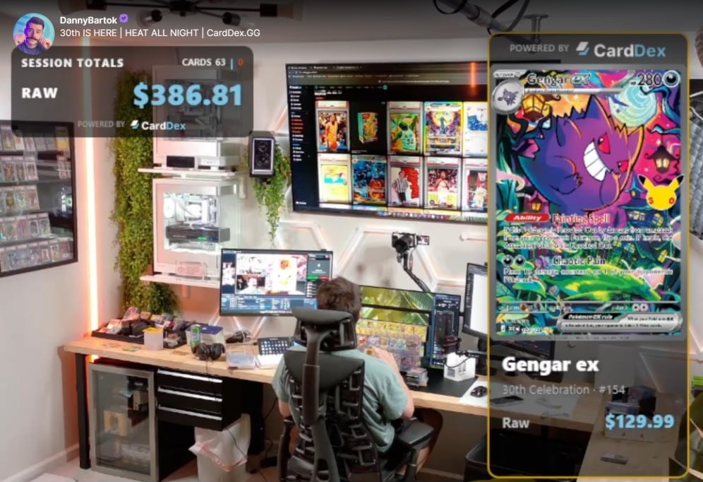 CardDex stream overlay on Danny's live stream — Gengar ex, 30th Celebration #154, Raw $129.99; session totals 63 cards, Raw $386.81